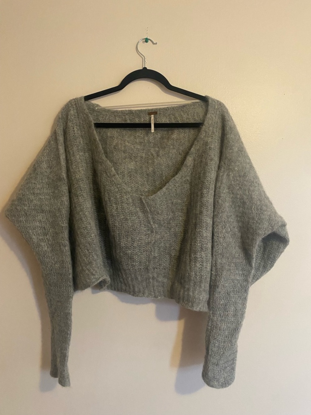 Free People Gray Off-Shoulder Fuzzy Cropped Sweater